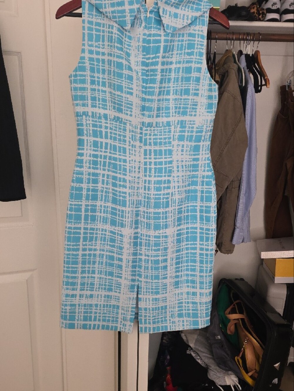Tahari Aqua and White Plaid Midi Dress - Picture 9 of 10